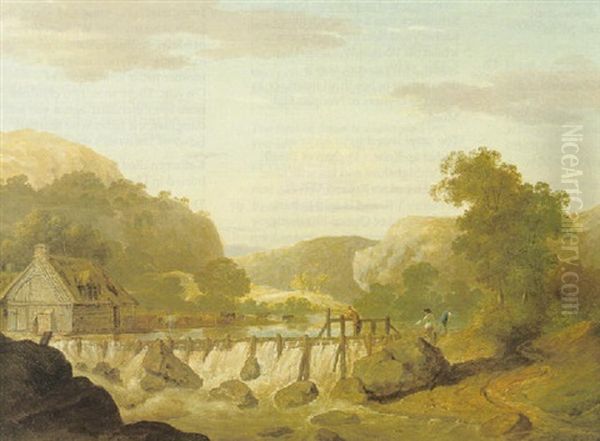 Welsh River Landscape With Cattle Watering, And Fishermen Beside A Weir Oil Painting by Thomas Jones