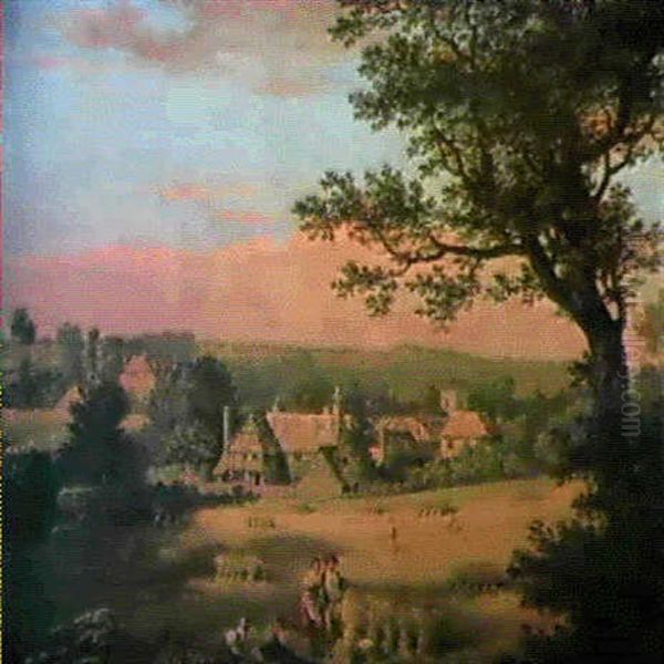 A View Of Chalfont St. Giles And Little St. Giles With      Figures And A Dog Beside Corn Stooks... Oil Painting by Thomas Jones