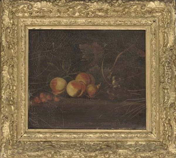 Strawberries In A Bowl And Peaches In A Basket (+ Peaches On A Ledge, With Grapes To The Side; Pair) Oil Painting by William Jones