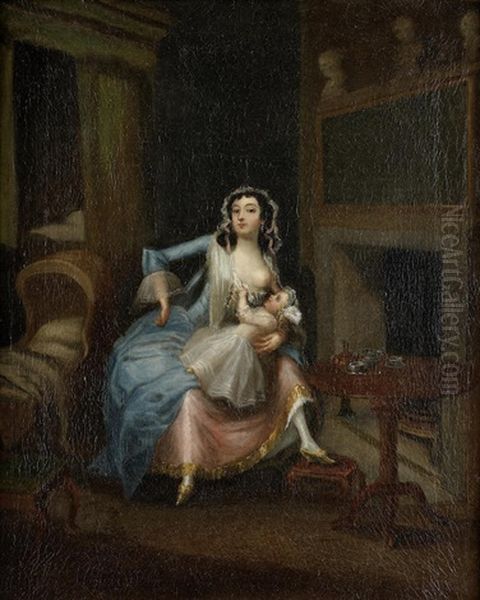 Lady Feeding Her Child In An Interior Oil Painting by William Jones