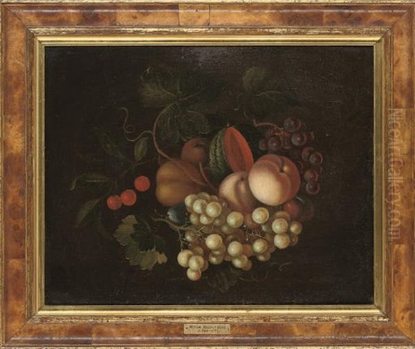 Grapes On The Vine, Plums, Peaches, A Melon And Cherries Oil Painting by William Jones