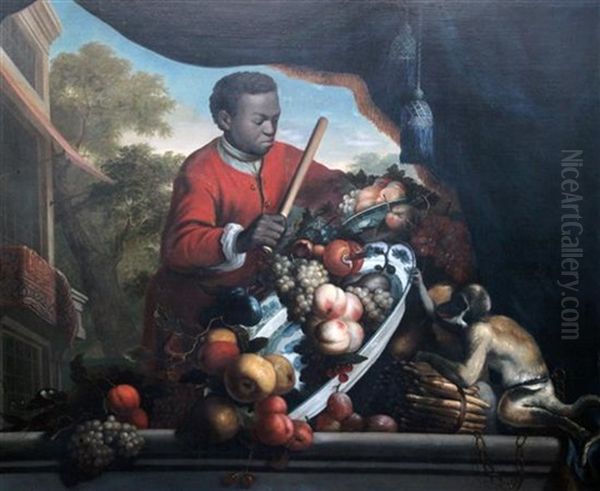 Still Life With A Black Pageboy Scolding A Monkey Overturning A Charger Of Fruit Oil Painting by William Jones