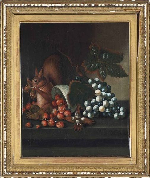 Strawberries, Black Grapes, A Blue And White Dish And A Squirrel Eating Cobnuts On A Ledge Oil Painting by William Jones