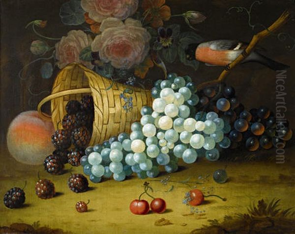 A Bullfinch On A Vine Branch With Bunches Of Red And White Grapes And An Overturned Basket Of Blackberries by William Jones