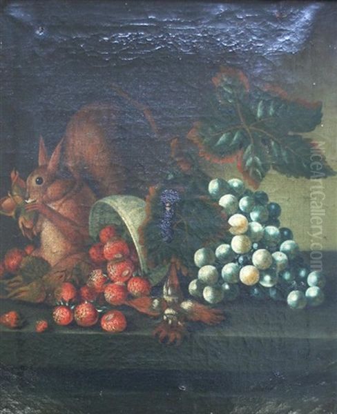 A Squirrel Earing Nuts By A Bowl Of Strawberries And Grapes Oil Painting by William Jones