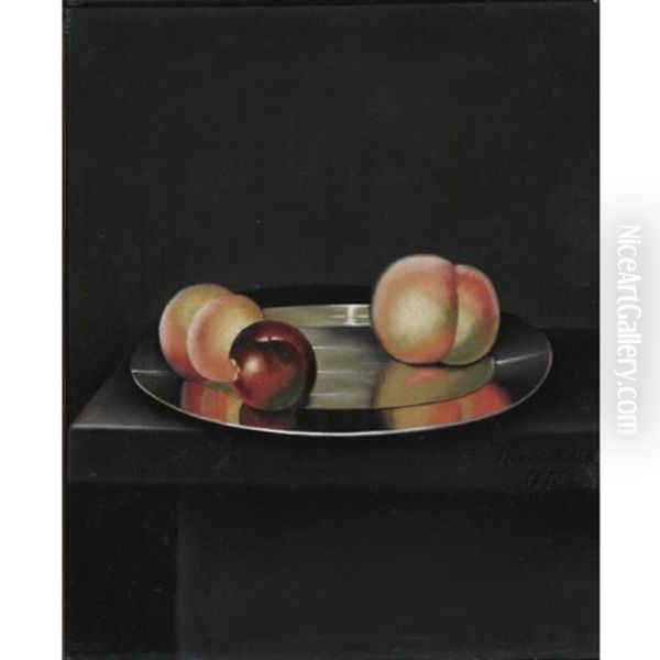 Still Life With Peaches And An Apple On A Pewter Plate Oil Painting by William Jones