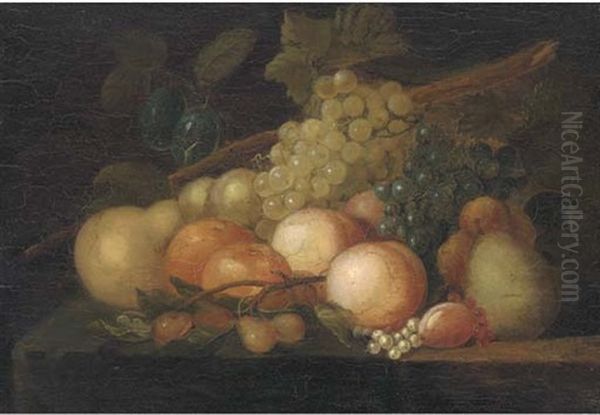 Grapes, Peaches, Plums, Pomegranates, Pears And Redcurrants, On A Ledge (+ Peaches, Plums, Grapes, A Melon, A Lemon, And Cherries, On A Ledge; Pair) Oil Painting by William Jones