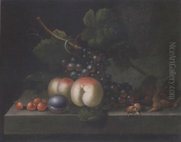 Peaches, Grapes, Strawberries, Cobb Nuts And A Plum On A Ledge Oil Painting by William Jones