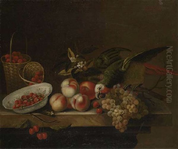 A Parrot On A Branch With Grapes, Peaches And Orange Blosom, With Strawberries In A Porcelain Dish And In Two Baskets Oil Painting by William Jones