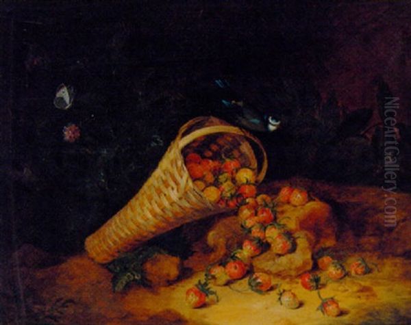 A Basket Of Strawberries With A Bluetit And Butterfly, On A Rocky Bank Oil Painting by William Jones