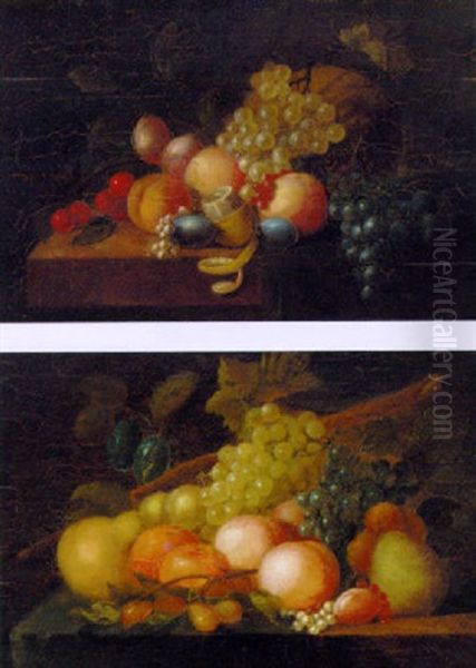 Grapes, Peaches, Plums, Pomegranates, Pears And Redcurrants, On A Ledge Oil Painting by William Jones