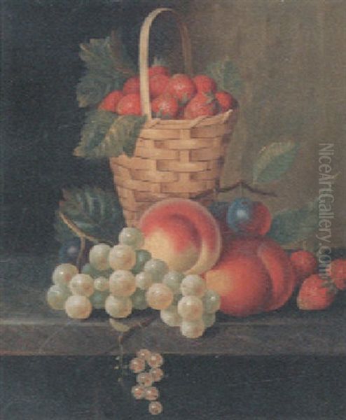 Grapes, Peaches, Plums And Other Fruits In A Wicker Basket, On A Marble Ledge Oil Painting by William Jones