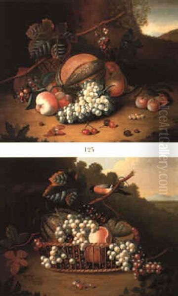 Still Lifes With Fruit In A Landscape, One With A Bullfinch Oil Painting by William Jones