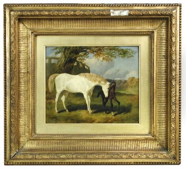 A Grey Mare And Bay Foal In A Landscape Oil Painting by Charles Jones