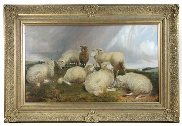 Study Of Sheep In A Coastal Landscape With A Coming Storm Oil Painting by Charles Jones