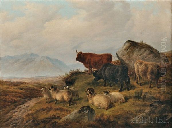 Highland Cattle And Sheep In A Landscape Oil Painting by Charles Jones