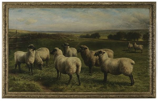 Sheep Grazing In A Panoramic Landscape Oil Painting by Charles Jones