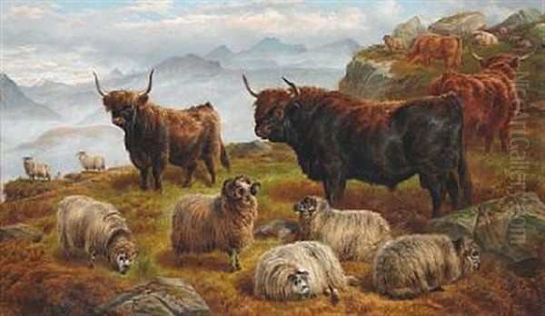 Scottish Landscape With Sheep And Highland Cattle, In The Background Mountains Oil Painting by Charles Jones