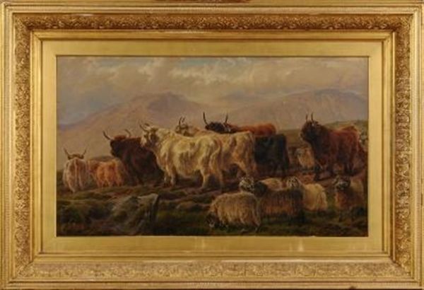 Highland Cattle And Sheep In An Upland Landscape Oil Painting by Charles Jones