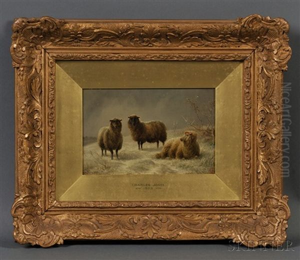 Three Sheep In A Winter Landscape Oil Painting by Charles Jones