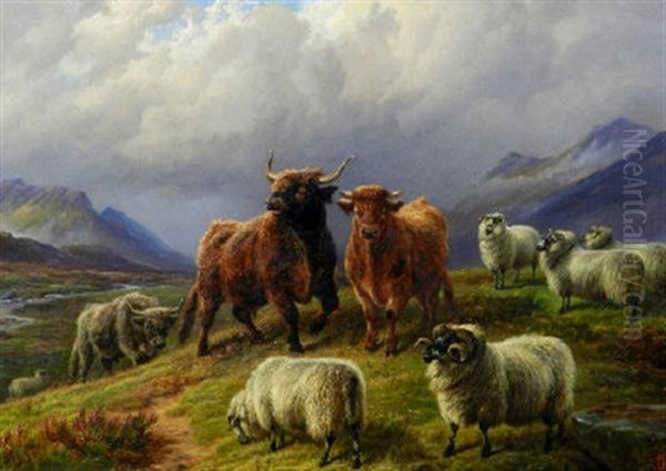 Highland Cattle And Sheep In A Mountainous Landscape Oil Painting by Charles Jones