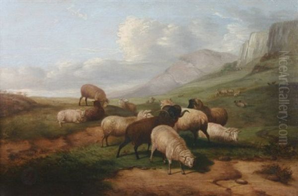 A Flock Of Sheep And Rams In A Landscape Oil Painting by Charles Jones