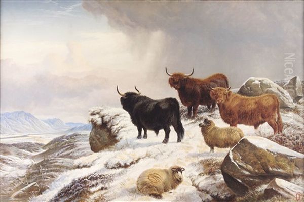 Highland Cattle And Sheep In A Snow Covered Highland Landscape Oil Painting by Charles Jones