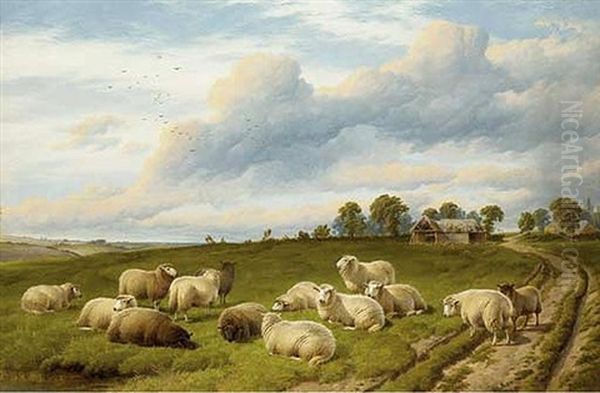 Sheep Grazing On A Hilltop, A Barn Beyond Oil Painting by Charles Jones