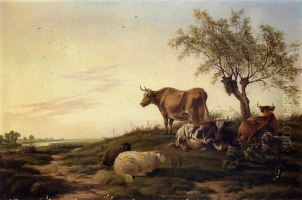 Kuhe Und Schafe Auf Der Weide Oil Painting by Charles Jones