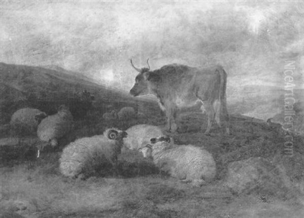 Sheep, Cattle And Goats In A Moorland Landscape Oil Painting by Charles Jones