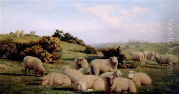 Sheep On Downland, Cottages Beyond Oil Painting by Charles Jones