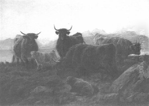 West Highland Cattle By The Side Of Loch Leven Oil Painting by Charles Jones