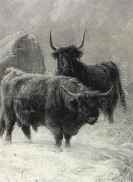 Highland Cattle In Winter Oil Painting by Charles Jones