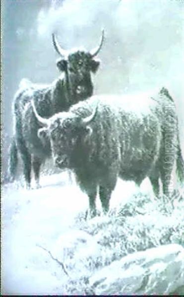 Sheep On A Highland Crag [&] Highland Cattle In    Winter Oil Painting by Charles Jones