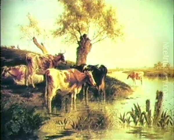 Cattle By A River Oil Painting by Charles Jones