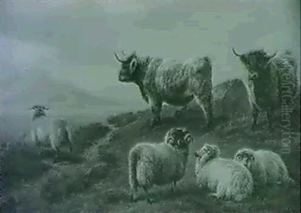 Sheep In A River Landscape  Sheep And Cattle Oil Painting by Charles Jones