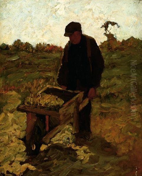 Farmer With A Wheelbarrow On The Land Oil Painting by Antonie Gerardus De Jong