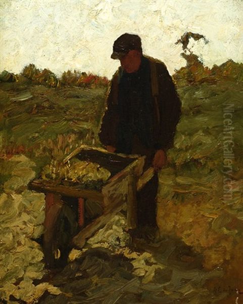 Farmer With A Wheelbarrow On The Land Oil Painting by Antonie Gerardus De Jong