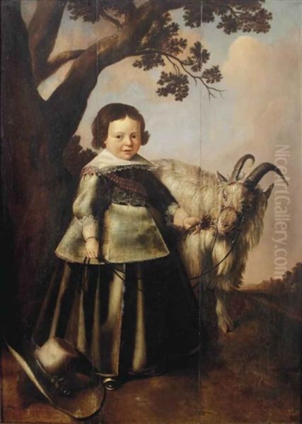 Portrait Of A Young Boy With A Goat, Standing In A Landscape Oil Painting by Gerrit Pietersz de Jong