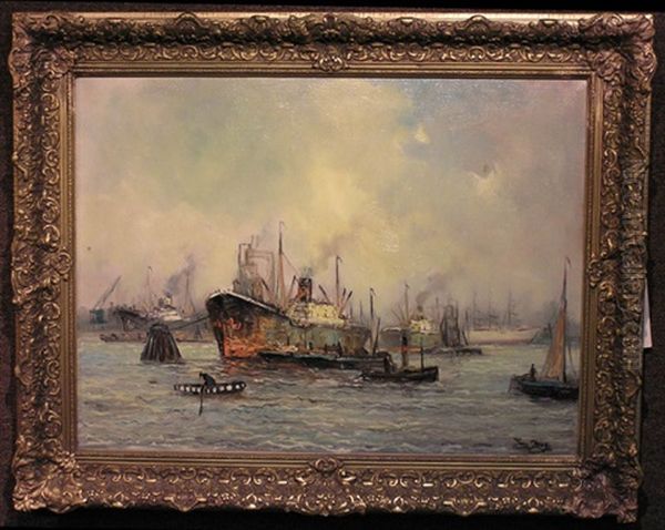 Boats In The Harbour Of Rotterdam Oil Painting by Jan De Jong