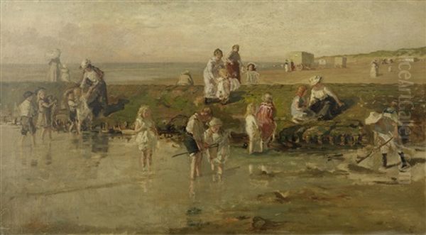 Summertime On Scheveningen Beach Oil Painting by Johan Antonie de Jonge