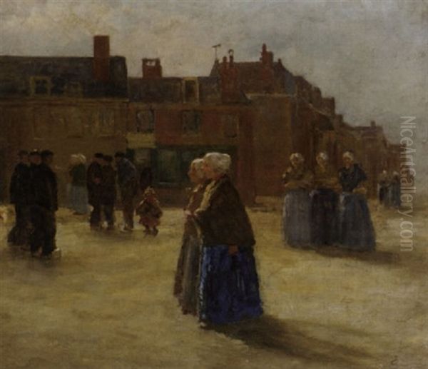 Figures In Traditional Dress In A Sunlit Street Oil Painting by Johan Antonie de Jonge