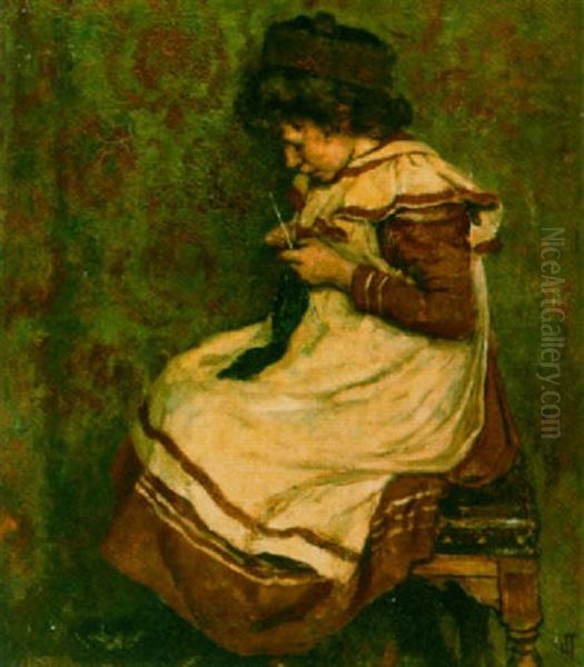 A Girl Knitting Oil Painting by Johan Antonie de Jonge