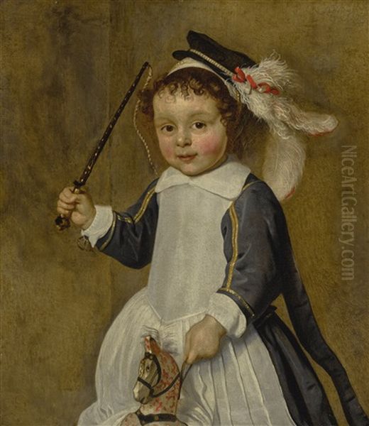 Portrait Of A Young Boy On A Hobby Horse, Three-quarter Length Oil Painting by Claude De Jongh