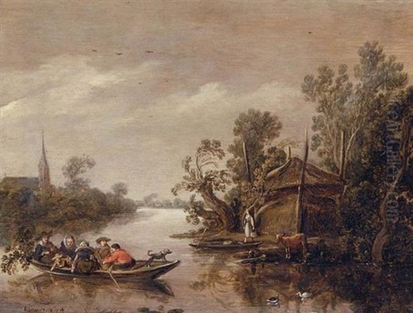 Figures In A Ferry Boat Crossing A River by Claude De Jongh