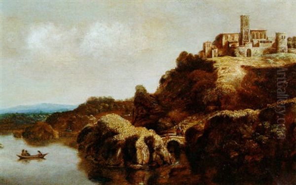 A River Landscape With Travellers Crossing A Bridge Over A Torrent, A Monastery On A Hilltop Beyond Oil Painting by Claude De Jongh