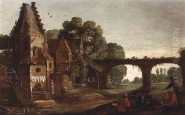 Homesteads By A Bridge, Peasants Resting And Smoking Nearby Oil Painting by Claude De Jongh