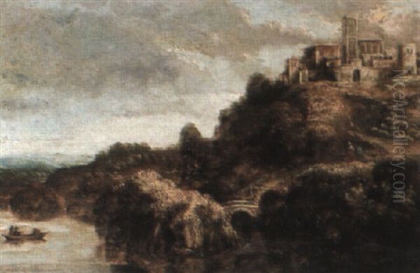 River Landscape With Figures In A Boat, A Town Beyond Oil Painting by Claude De Jongh