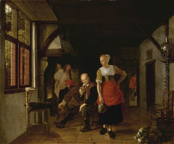 An Interior With A Maid Holding A Jug And Three Men Beside A Fire Oil Painting by Ludolf de Jongh