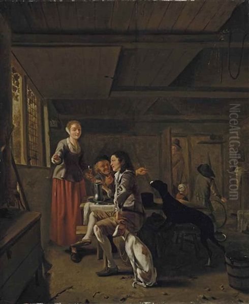 A Young Woman Serving A Glass Of Red Wine To A Huntsman, With Other Men, Children And Hunting Dogs, In A Inn Oil Painting by Ludolf de Jongh